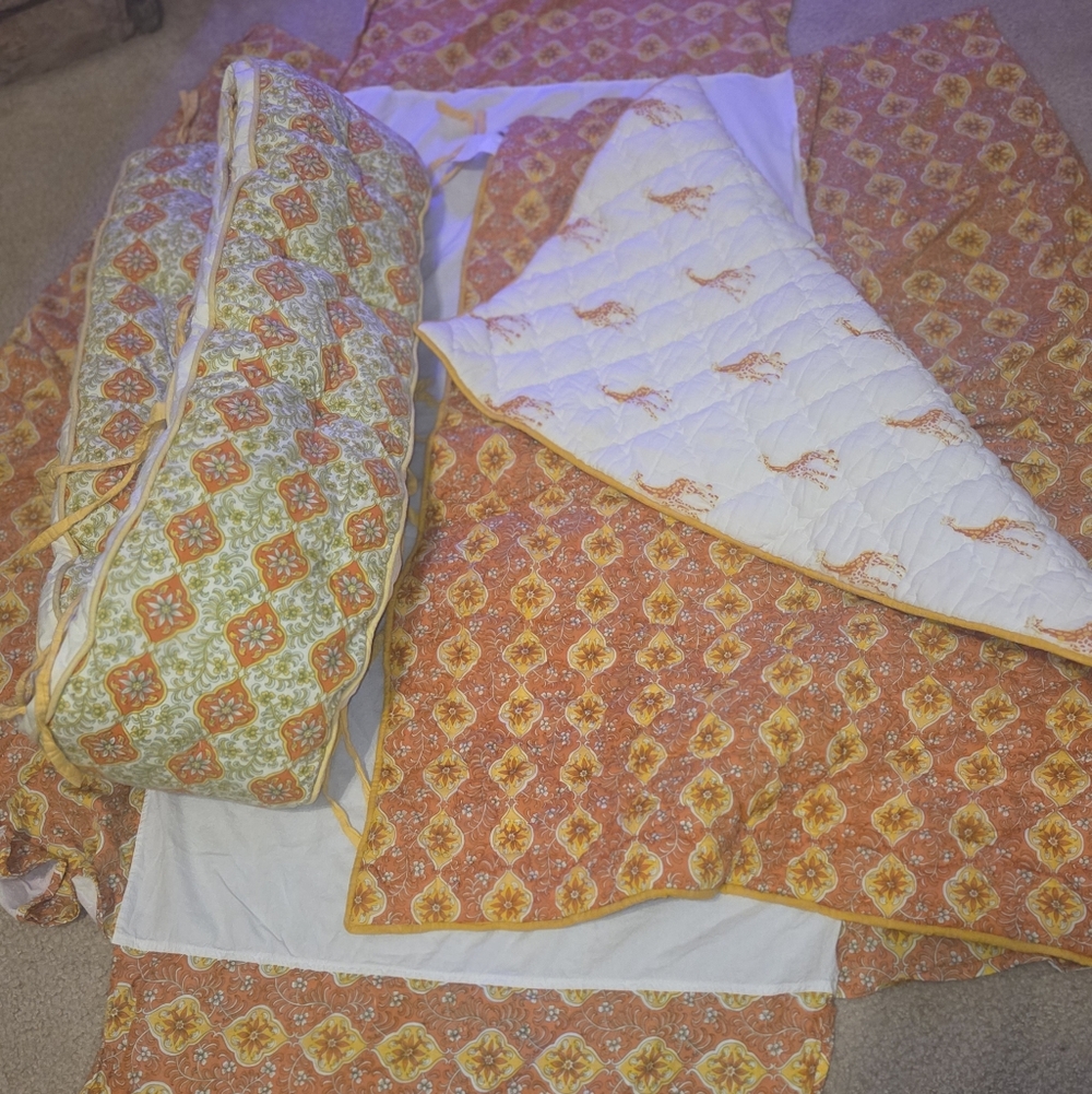 Rikshaw Design Crib Bedding Set – Orange Block Print with Giraffe Quilt Vintage